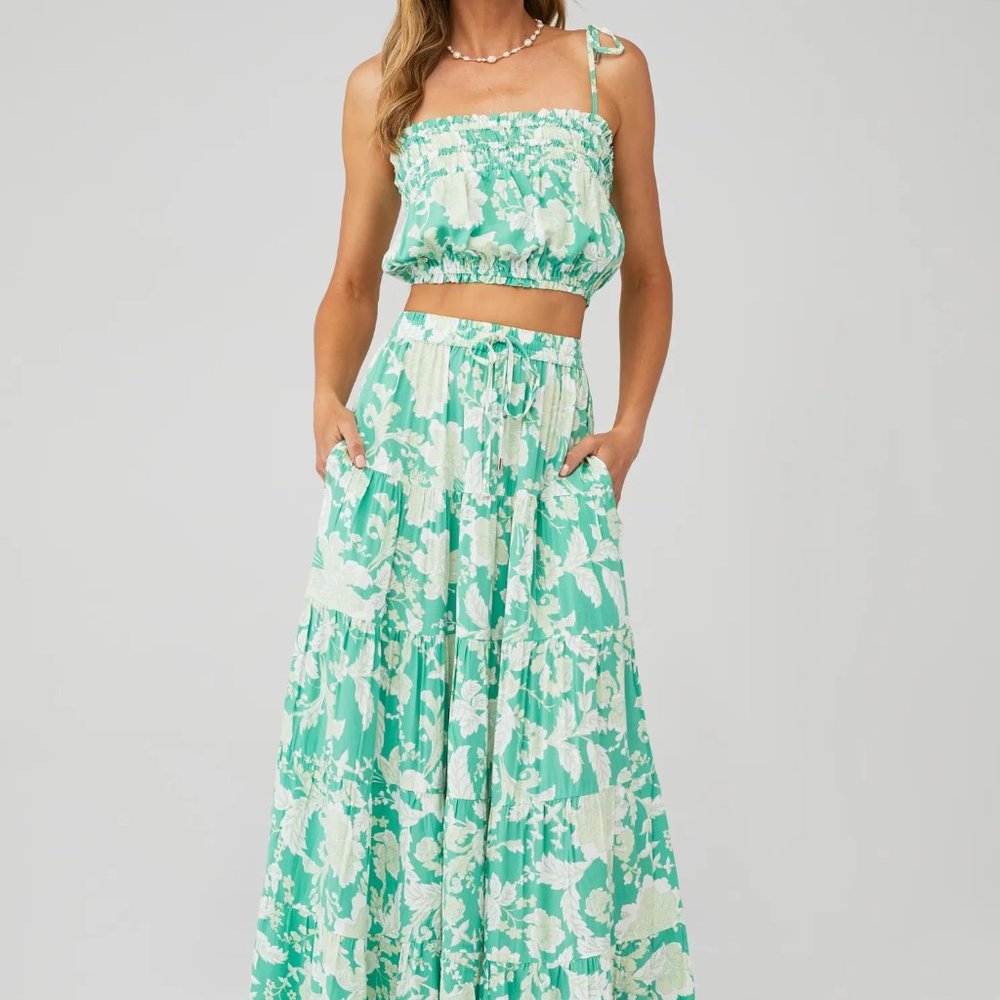 MINKPINK Felicia Crop Top and Maxi Skirt Set in Floral Green